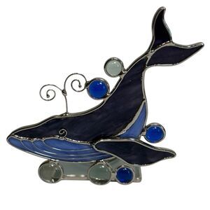 Stained Glass Whale Figurine Tea Light Holder- Blue and Silver